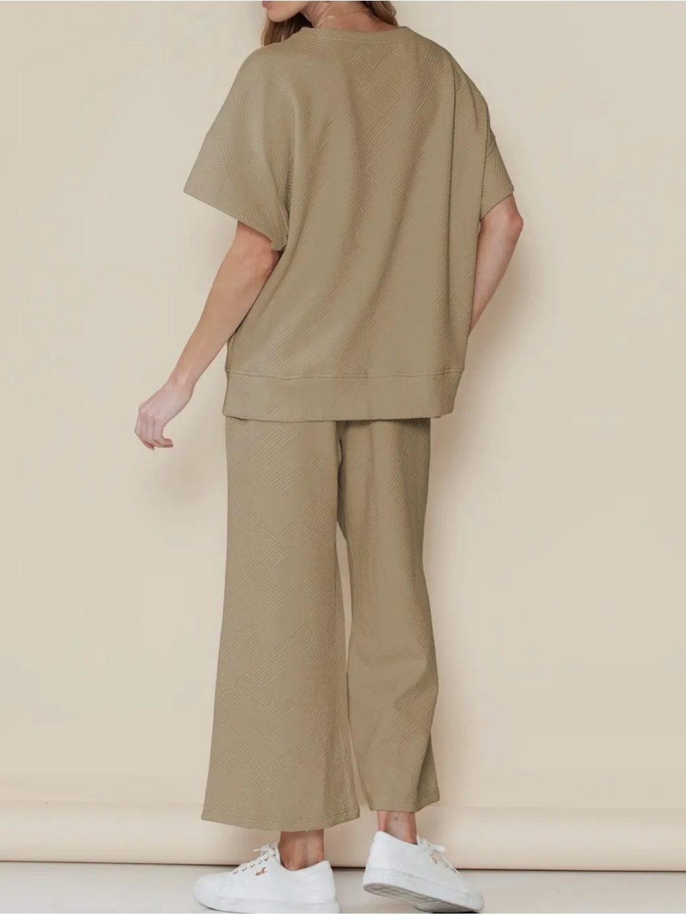 Taupe Brown Textured 2 Piece Lounge Set Wide Leg Pants Women’s Medium - Picture 3 of 12
